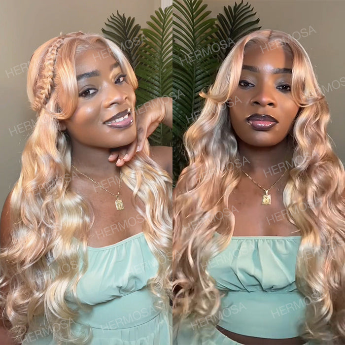 Blonde Highlight Curtain Bangs Body Wave Wigs 13x6 HD Lace Frontal Layered Human Hair Wigs