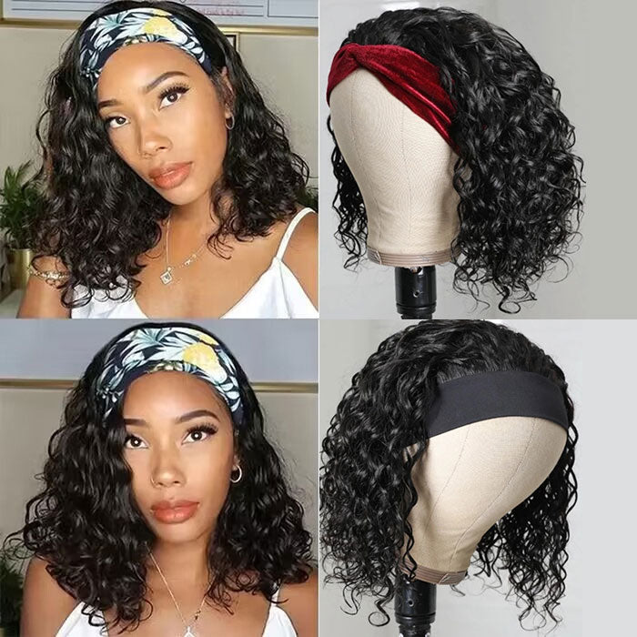 Water Wave Hair Headband Bob Wig Human Hair Half Wig 10-14 Inch Human Hair Headband Wig