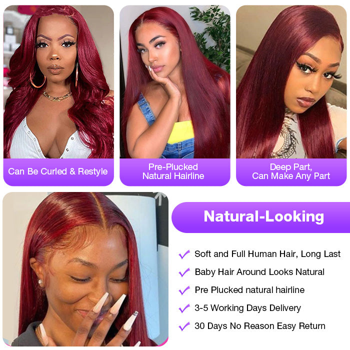 13x6 HD Lace Front Wig Human Hair Wigs 99J Red Burgundy Pre-Plucked Remy Human Hair Deep Part Wigs