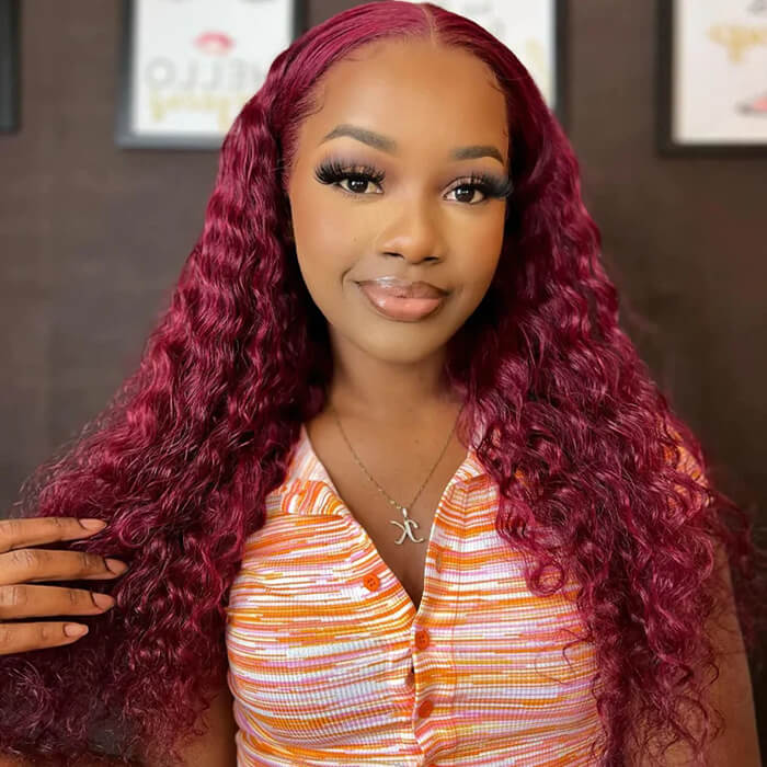 Deep Wave 13x4 HD Lace Front Wigs Burgundy 99J Color Human Hair Wigs With Pre-plucked Hairline