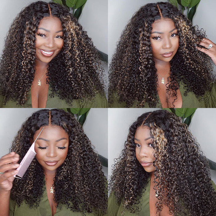 8x5 Balayage Black and Blonde Highlights Curly Wigs Put on and Go HD Lace Closure Wig