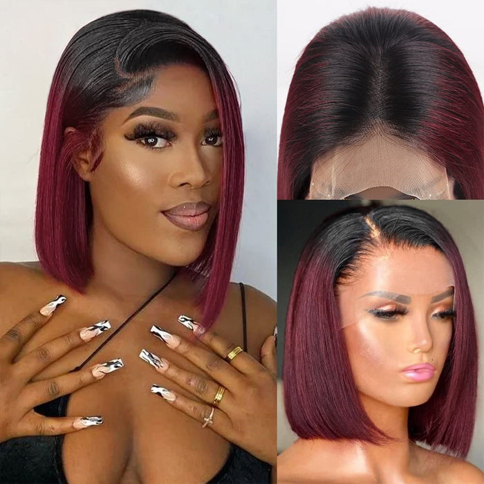 1B/99J Burgundy Ombre Short Straight Bob Wigs Human Hair With Pre Plucked Hairline