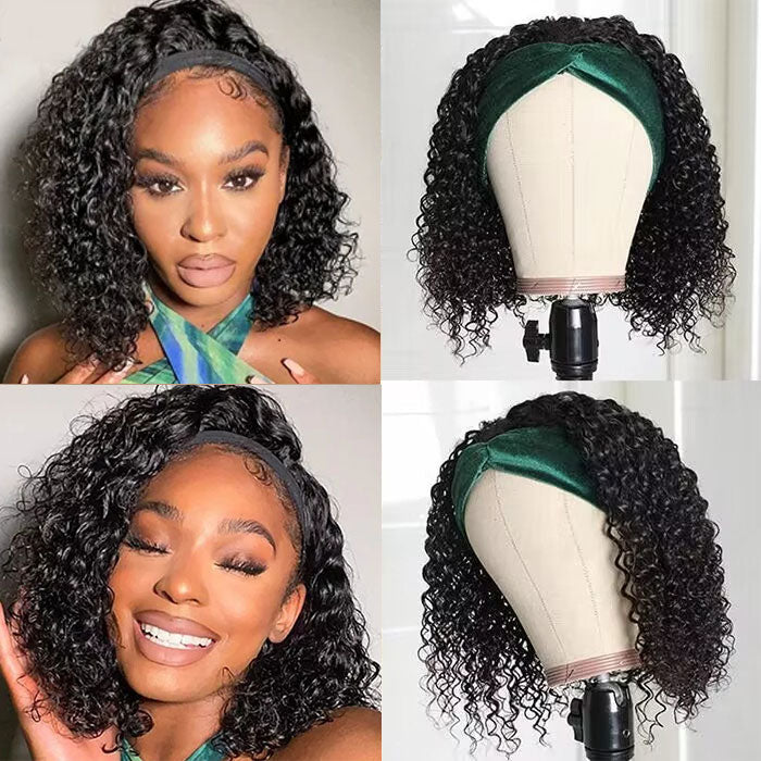 Curly Hair Headband Bob Wig Human Hair Half Wig 10-14 Inch Human Hair Headband Wig