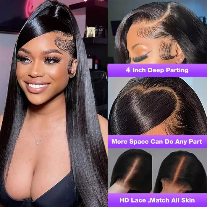 Pre Bleached Straight No Glue Wigs 13x4 Invisible Transparent Lace Front Human Hair Wigs Gluelless Pre-All Wig