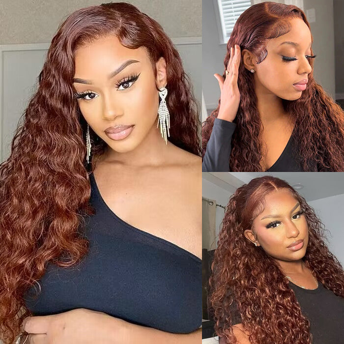 #33 Reddish Brown Color Water Wave 13x4 13x6 HD Lace Front Wigs Human Hair Pre Plucked