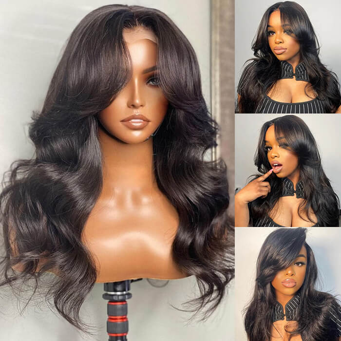 Curtain Bangs Wigs Body Wave 13x4/13x6 Glueless HD Lace Human Hair Wigs with Pre Bleached Knots