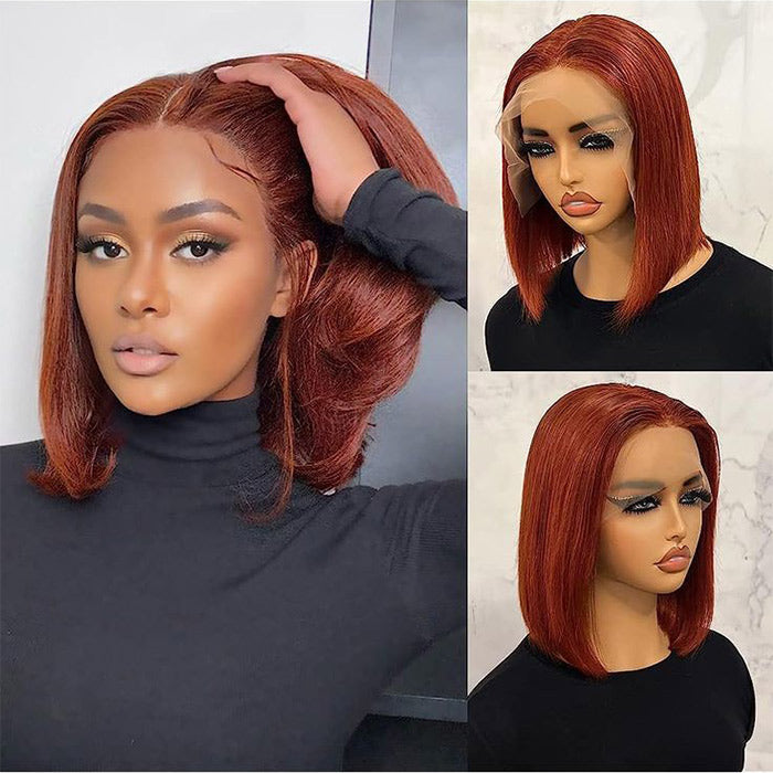 #33 Dark Auburn Color Short Bob Red Brown Wig 13x4/4x4 Bob Lace Frontal Wigs 150% Density