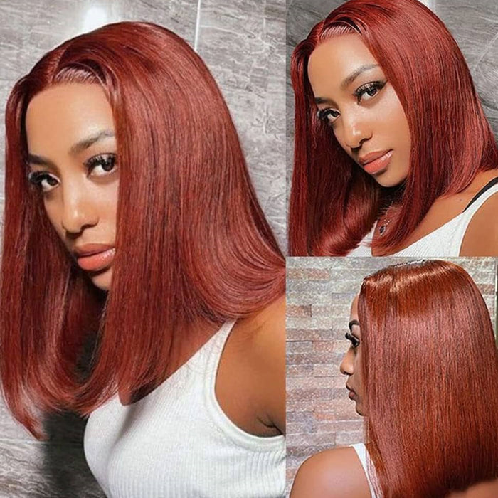 #33 Dark Auburn Color Straight Short Bob Red Brown Wig 13x4 Bob Lace Frontal Wigs 150% Density