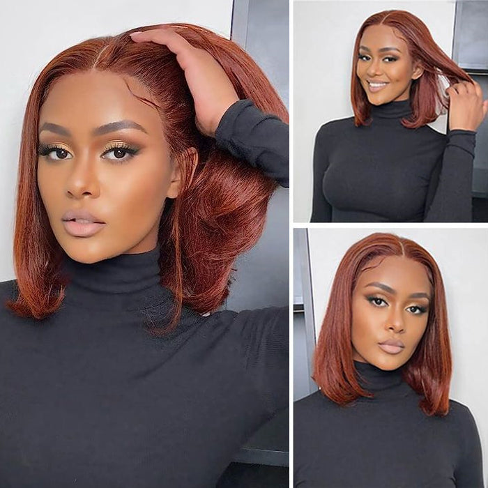 #33 Dark Auburn Color Straight Short Bob Red Brown Wig 13x4 Bob Lace Frontal Wigs 150% Density