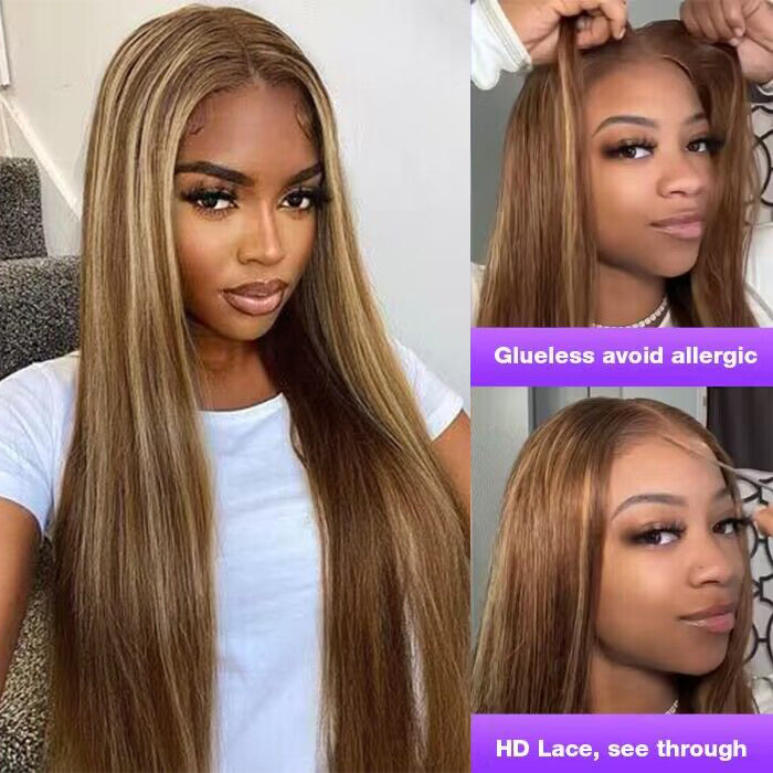 Ready & Go Blonde Highlight Straight Wig Upgrade 8*5 Pre Cut Lace Closure Wigs For Sale #P4/27 Color