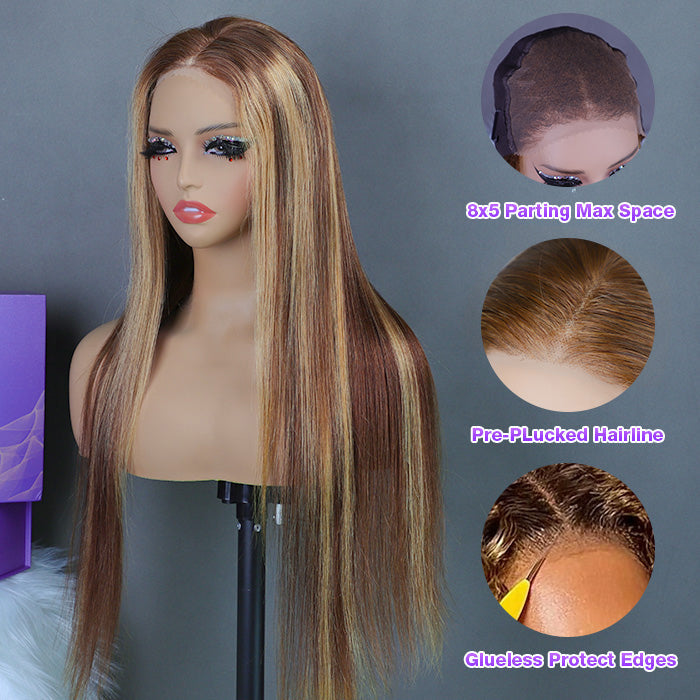 Ready & Go Blonde Highlight Straight Wig Upgrade 8*5 Pre Cut Lace Closure Wigs For Sale #P4/27 Color