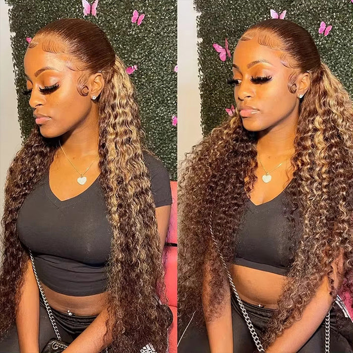 Highlight Ombre Color Deep Wave Invisi-String Snug Fit 360 HD Transparent Lace Frontal Wig Glueless Human Hair