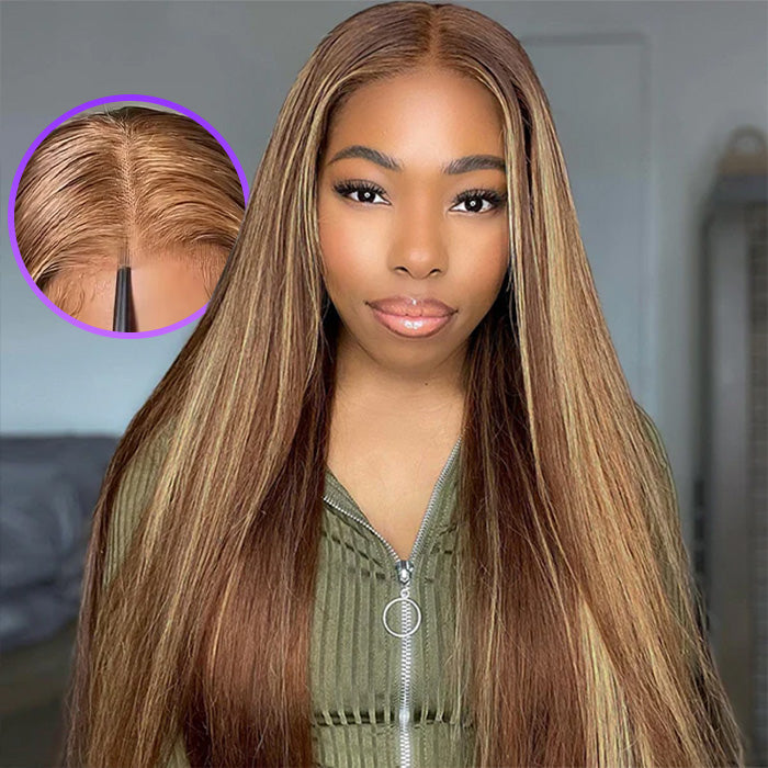 Ready & Go Blonde Highlight Straight Wig Upgrade 8*5 Pre Cut Lace Closure Wigs For Sale #P4/27 Color