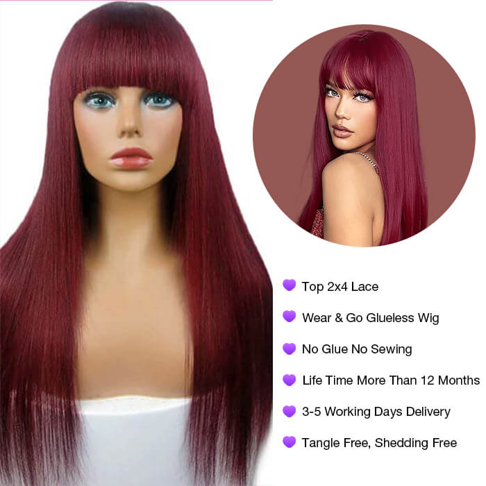 Burgundy 99J Silk Straight Human Hair Wig with Bangs Glueless Top 2x4 Lace Wig Fringe Style