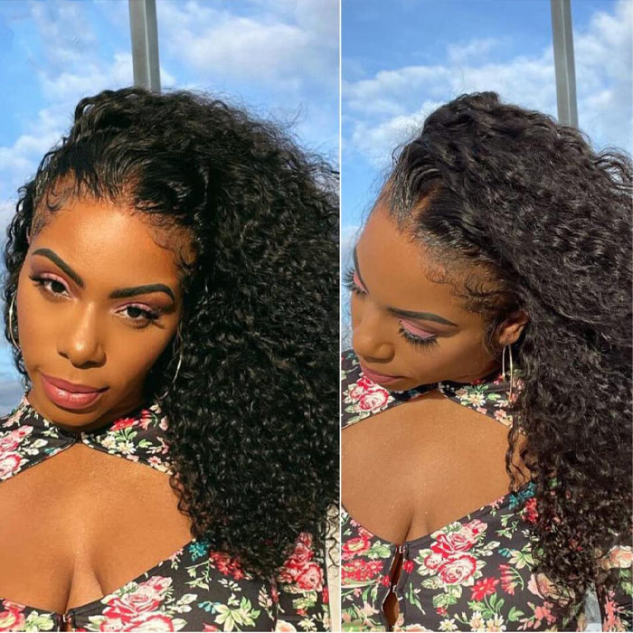 4C Curly Edges Invisi-String Snug Fit 360 Curly Lace Front Human Hair Wig Pre Bleached Knots with Curly Baby Hair All Around