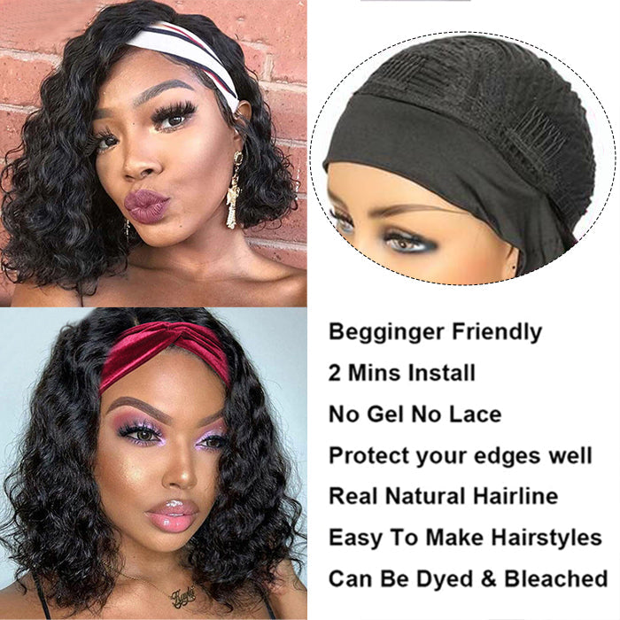 Water Wave Hair Headband Bob Wig Human Hair Half Wig 10-14 Inch Human Hair Headband Wig