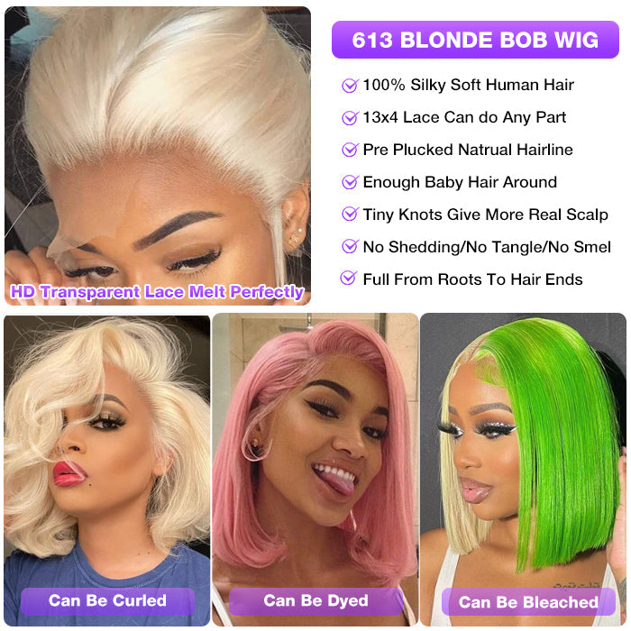 613 Blonde Straight Bob Wigs Human Hair Pre Plucked Glueless Lace Wig