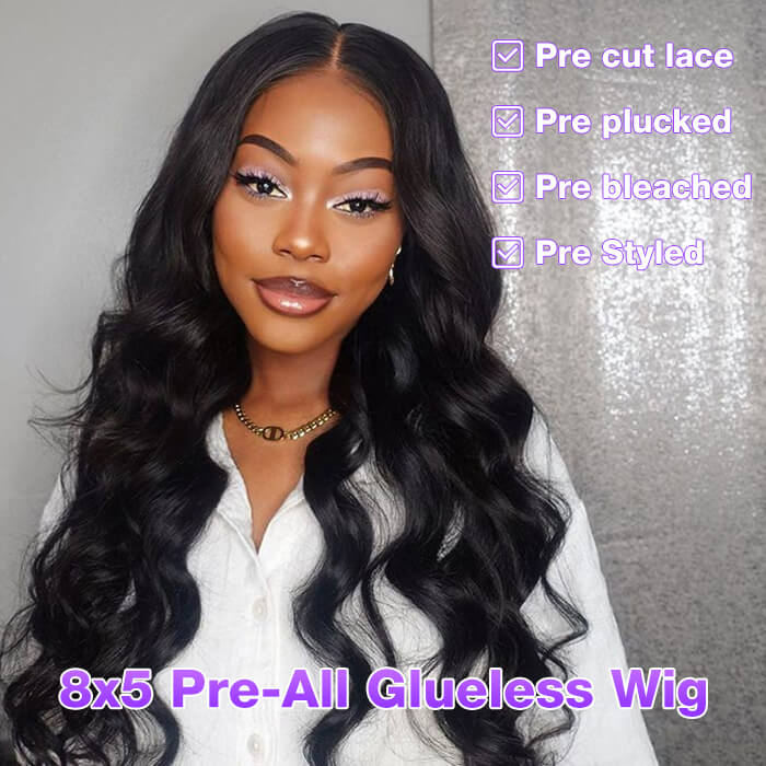 8x5 Pre-All Glueless Wig Body Wave HD Lace Closure Human Hair Pre Bleached Pre Plucked Pre Styled