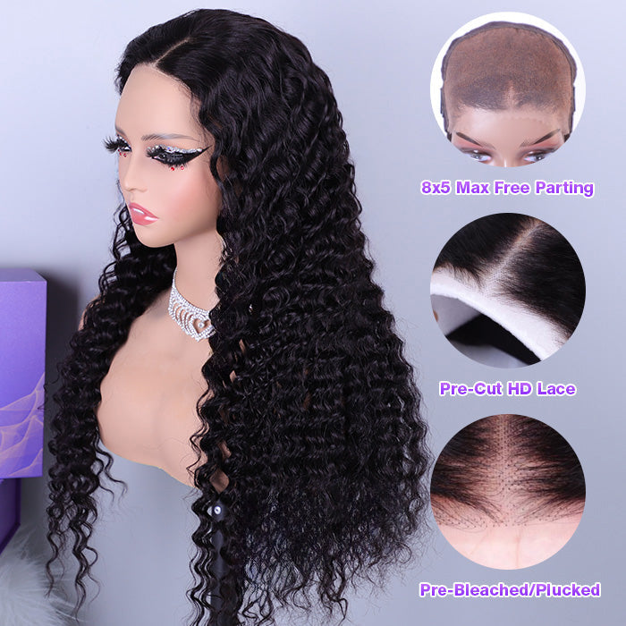 Deep Wave Ready Go Glueless Wigs 8x5 HD Lace Pre Cut Lace Closure Wigs