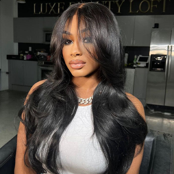 Curtain Bangs 13x4 Frontal HD Lace Wig Butterfly Haircut Straight Human Hair Wigs with Pre-Bleached Knots