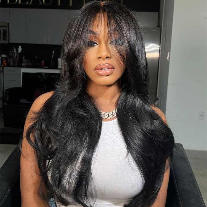 Curtain Bangs 13x4 Frontal HD Lace Wig Butterfly Haircut Straight Human Hair Wigs with Pre-Bleached Knots