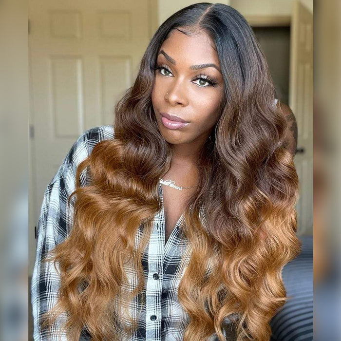 Gorgeous Ombre Color T1B/4/27 Body Wave Undetectable HD Lace Frontal Wigs Pre Plucked