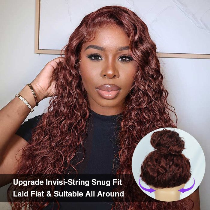 #33 Reddish Brown Water Wave Invisi-Pull String Snug Fit 360 HD Lace Frontal Pre-Cut & Pre-Plucked Glueless Wig