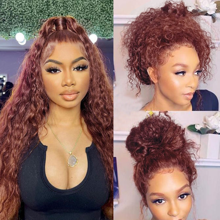 #33 Reddish Brown Water Wave Invisi-Pull String Snug Fit 360 HD Lace Frontal Pre-Cut & Pre-Plucked Glueless Wig