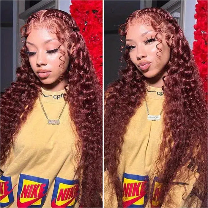 #33 Reddish Brown Water Wave Invisi-Pull String Snug Fit 360 HD Lace Frontal Pre-Cut & Pre-Plucked Glueless Wig