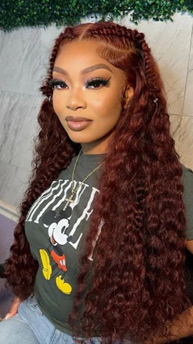 #33 Reddish Brown Water Wave Invisi-Pull String Snug Fit 360 HD Lace Frontal Pre-Cut & Pre-Plucked Glueless Wig