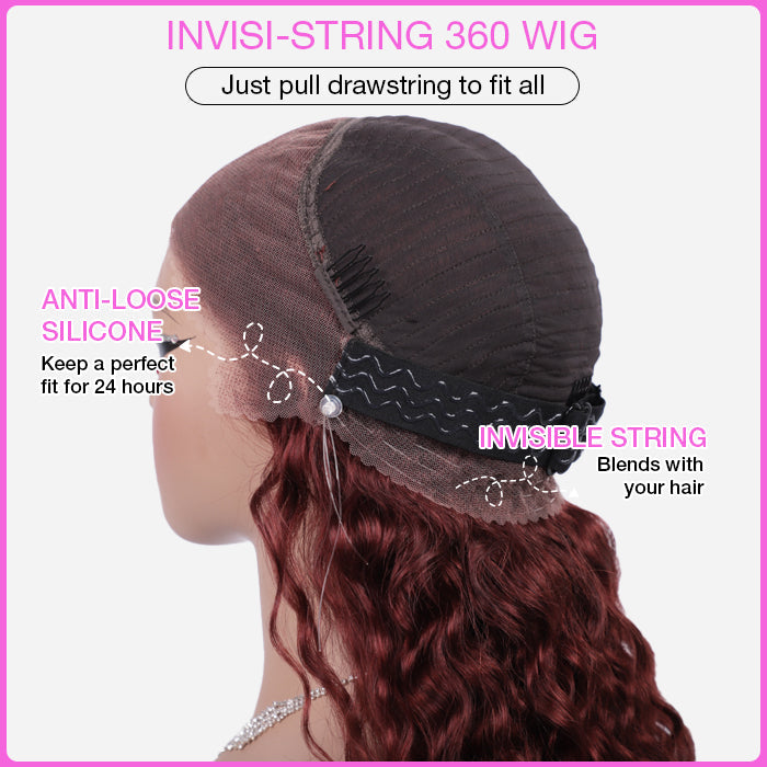 #33 Reddish Brown Water Wave Invisi-Pull String Snug Fit 360 HD Lace Frontal Pre-Cut & Pre-Plucked Glueless Wig