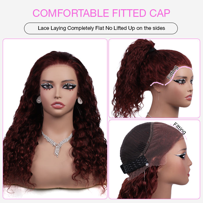 #33 Reddish Brown Water Wave Invisi-Pull String Snug Fit 360 HD Lace Frontal Pre-Cut & Pre-Plucked Glueless Wig