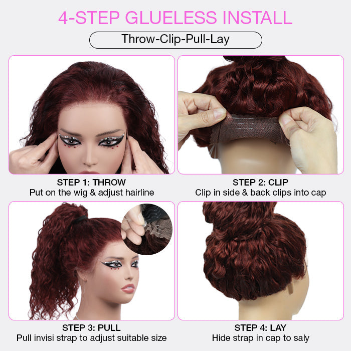 #33 Reddish Brown Water Wave Invisi-Pull String Snug Fit 360 HD Lace Frontal Pre-Cut & Pre-Plucked Glueless Wig