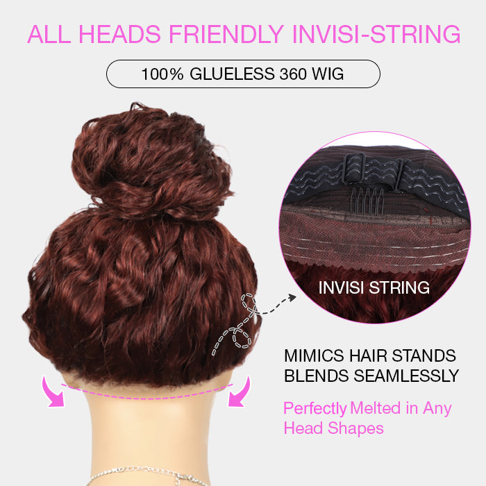 #33 Reddish Brown Water Wave Invisi-Pull String Snug Fit 360 HD Lace Frontal Pre-Cut & Pre-Plucked Glueless Wig