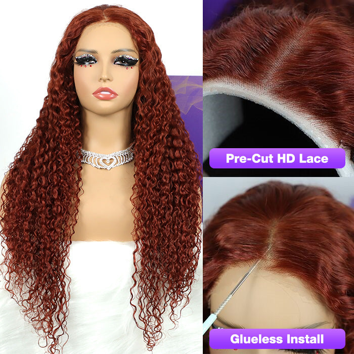 Reddish Brown Curly Glueless Wig Pre-plucked 8x5 Pre Cut HD Lace Wig Quick & Easy