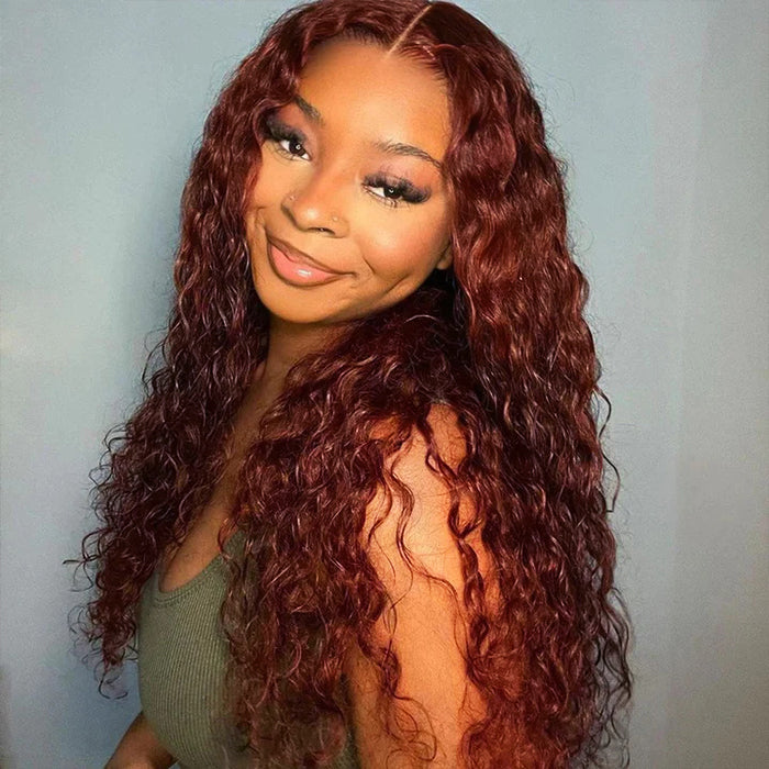 #33 Reddish Brown Water Wave Glueless Wig Big Parting 8*5 HD Lace Closure Wigs Ready To Wear