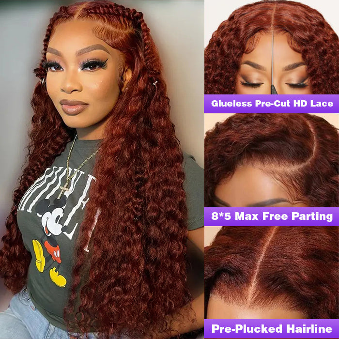 #33 Reddish Brown Water Wave Glueless Wig Big Parting 8*5 HD Lace Closure Wigs Ready To Wear