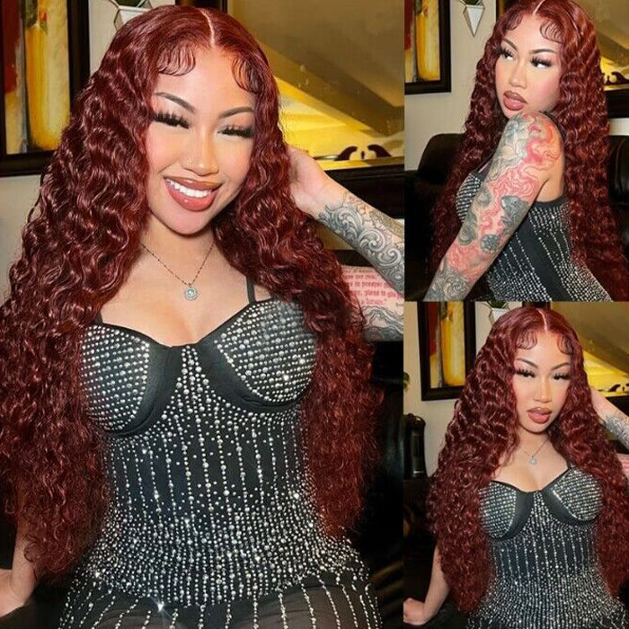 #33 Reddish Brown Water Wave Glueless Wig Big Parting 8*5 HD Lace Closure Wigs Ready To Wear