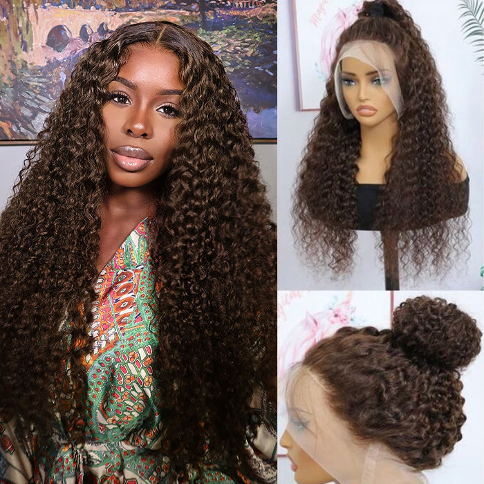 Glueless Invisi-String Snug Fit 360 HD Lace Frontal #4 Chocolate Brown Deep Wave Put on & Go Wigs