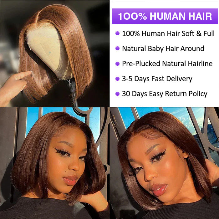 #4 Chocolate Brown Short Straight Bob 4x4/5x5 Lace Closure Wig Human Virgin Hair 150% Density