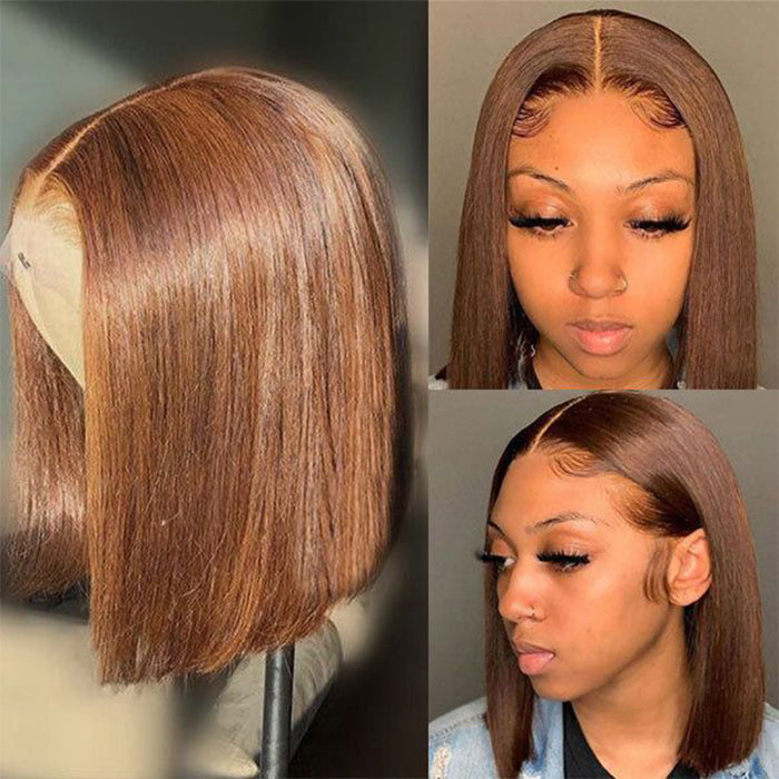 #4 Chocolate Brown Short Straight Bob 4x4/5x5 Lace Closure Wig Human Virgin Hair 150% Density