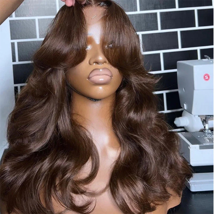 Chocolate Brown #4 Curtain Bangs 13x4 HD Lace Front Body Wave Glueless Human Hair Wigs