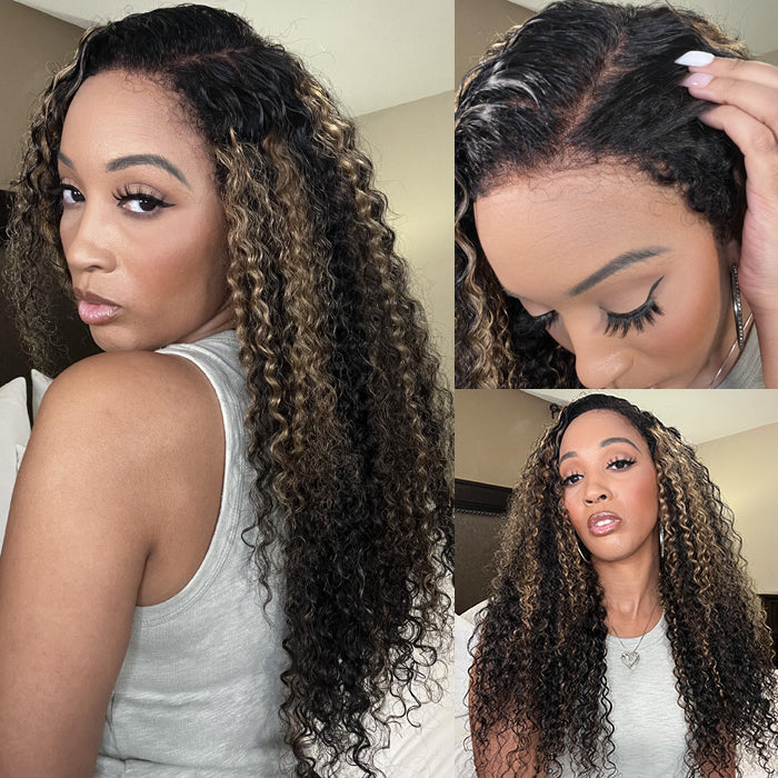 4C Edges Highlight Curly Wig Pre Bleached Knots HD Lace Front Wig Ready Go Glueless Wigs