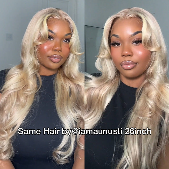 Blonde Highlight Curtain Bangs Body Wave Wigs 13x6 HD Lace Frontal Layered Human Hair Wigs