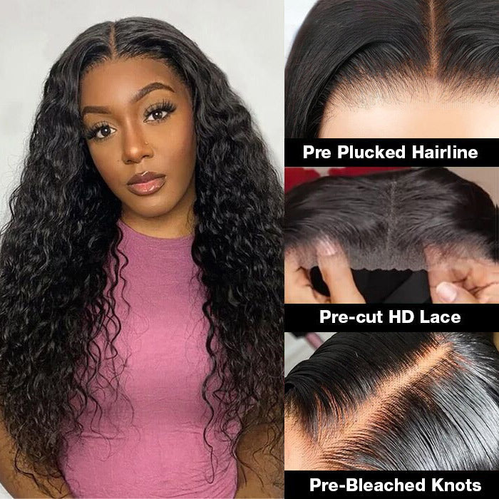 Glueless Wig Human Hair HD Lace Closure Wigs Pre Bleached Water Wave Wig 8x5 Big Parting Space