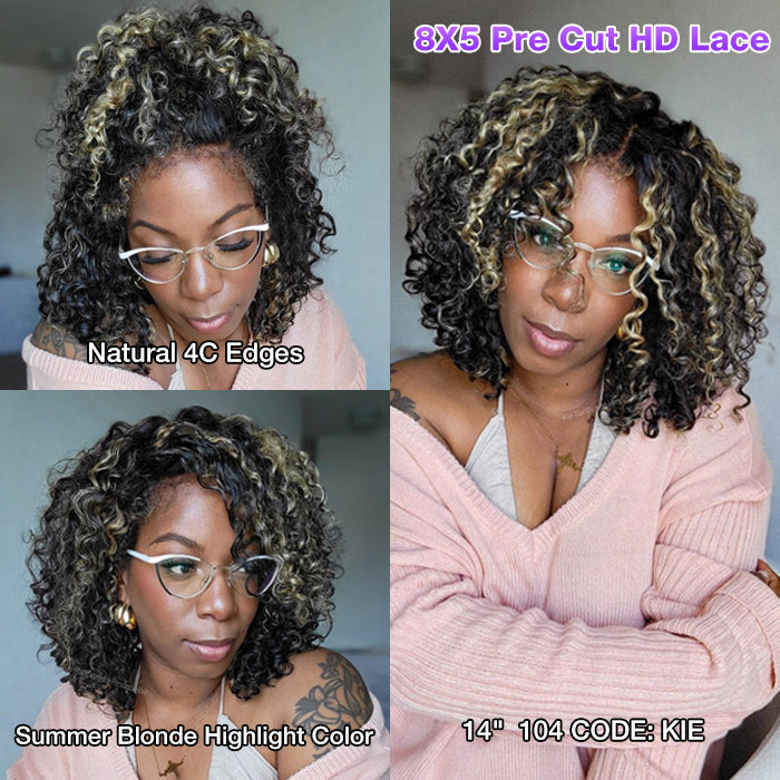 4C Edges Highlight Curly Wig Pre Bleached Knots HD Lace Front Wig Ready Go Glueless Wigs