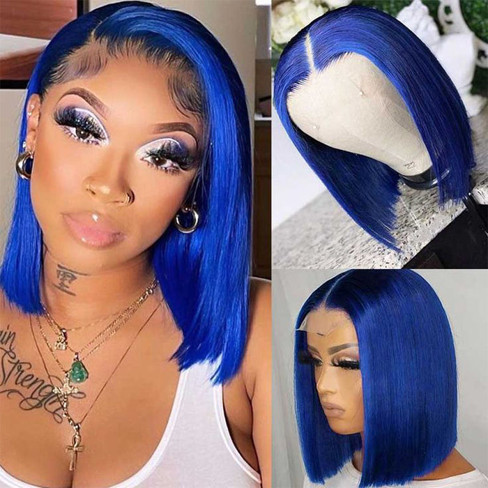 Blue Bob Wig 150% Density Straight 13x4 Lace Front Human Hair Wig Natural Hairline Bob Wigs