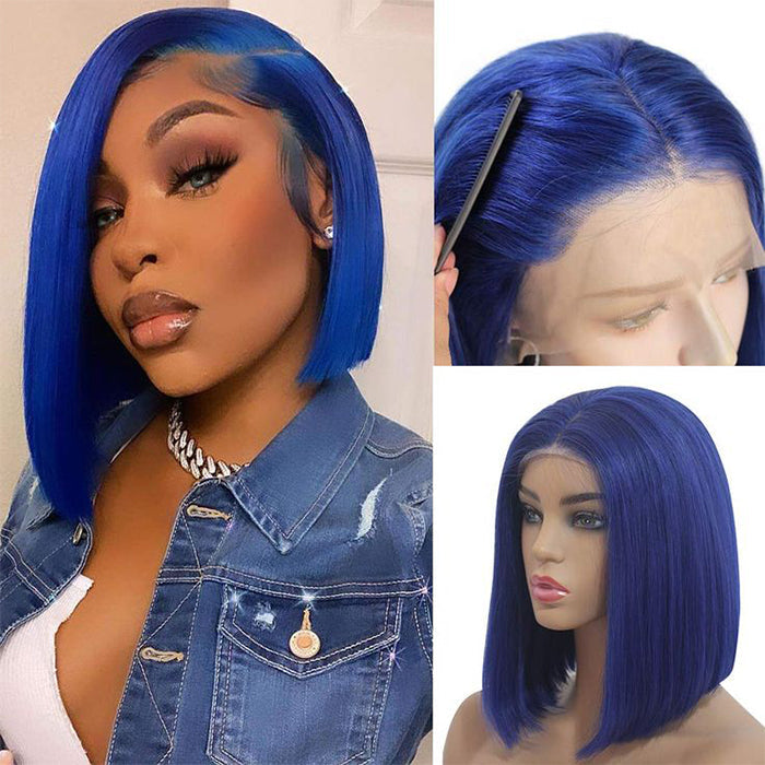 Blue Bob Wig 150% Density Straight 13x4 Lace Front Human Hair Wig Natural Hairline Bob Wigs