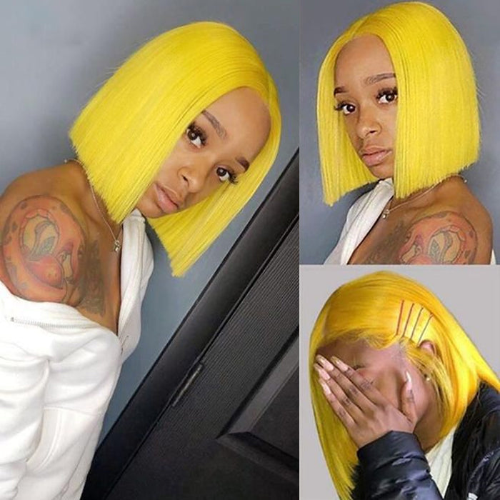 Yellow Straight Human Hair Bob Wigs 13x4 Brazilian Remy Colored Short Bob Wigs Glueless Human Hair Wigs