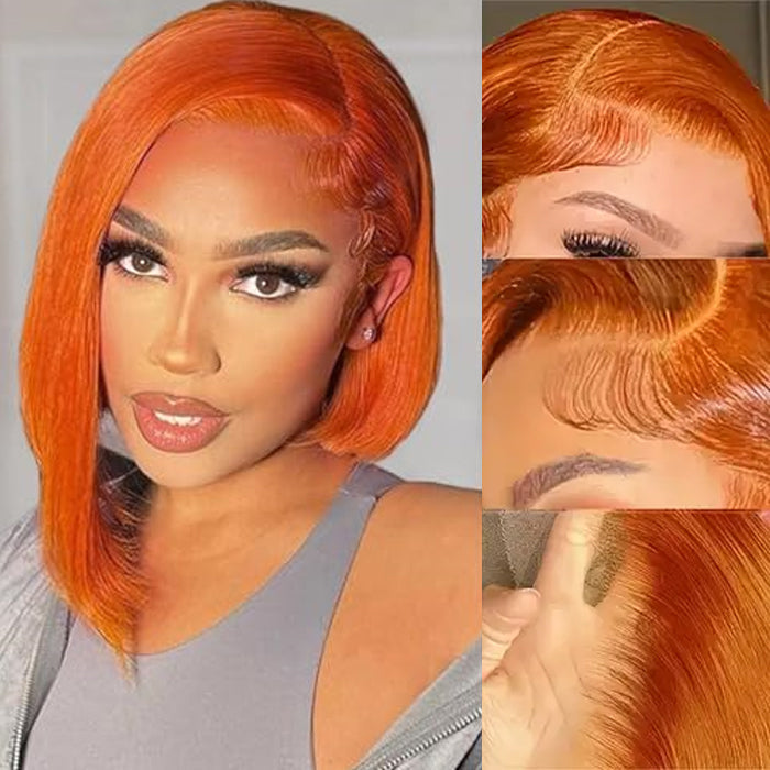 Orange Ginger Color 13x4 Lace Front Wigs Remy Human Hair Short BoB Wig Baby Hair For Black Women 150% Preplucked